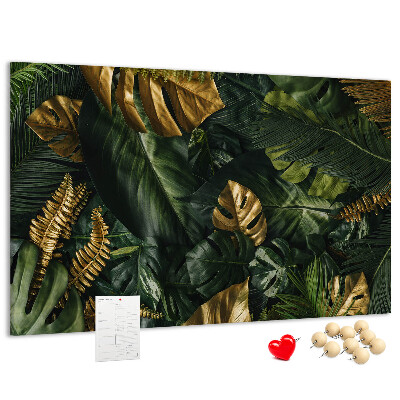 Tableau affichage liège Feuilles dorées sur fond vert foncé