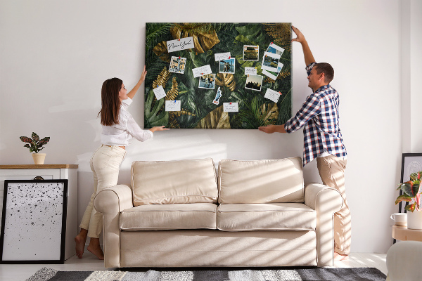 Tableau affichage liège Feuilles dorées sur fond vert foncé