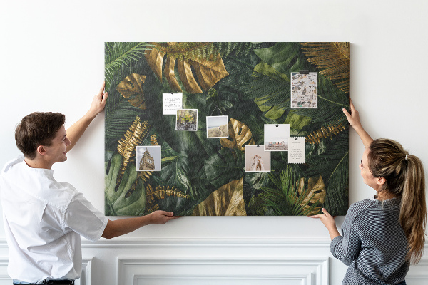 Tableau affichage liège Feuilles dorées sur fond vert foncé