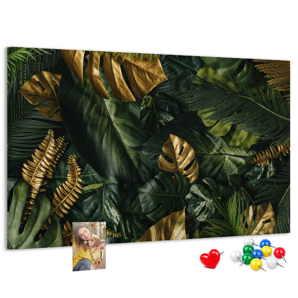 Tableau affichage liège Feuilles dorées sur fond vert foncé