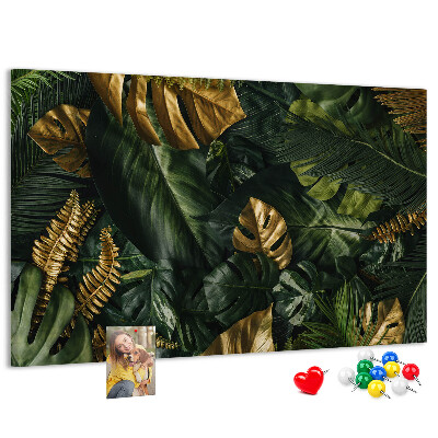 Tableau affichage liège Feuilles dorées sur fond vert foncé
