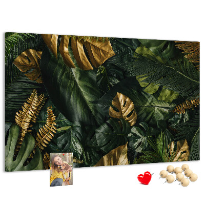 Tableau affichage liège Feuilles dorées sur fond vert foncé