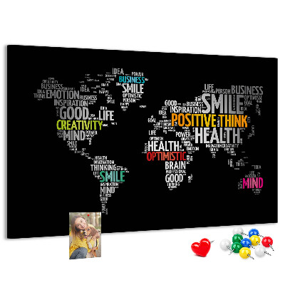 Tableau affichage liège Carte du monde avec des slogans motivants.