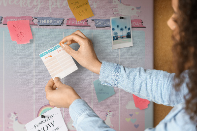Tableau de liège Agenda hebdomadaire avec des licornes colorées