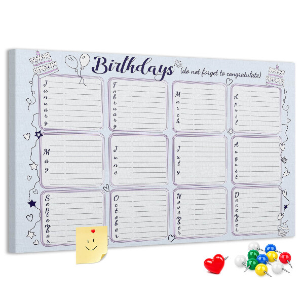 Tableau en liège Calendrier d'anniversaires avec des accents colorés