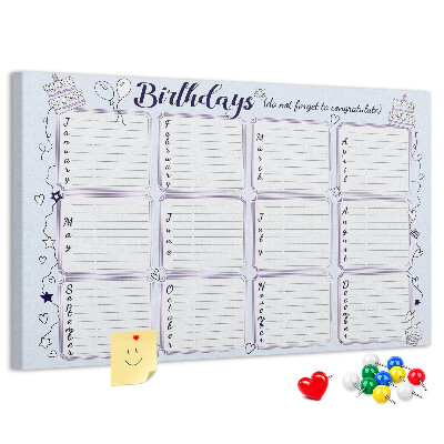 Tableau en liège Calendrier d'anniversaires avec des accents colorés