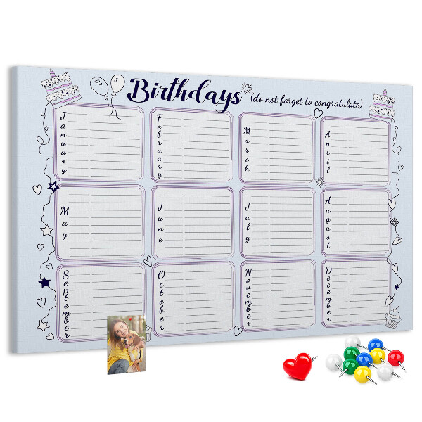 Tableau en liège Calendrier d'anniversaires avec des accents colorés