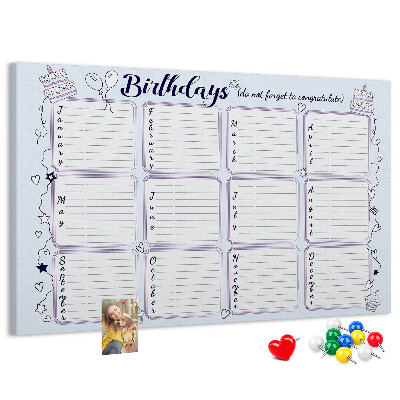 Tableau en liège Calendrier d'anniversaires avec des accents colorés