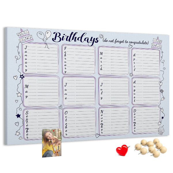 Tableau en liège Calendrier d'anniversaires avec des accents colorés