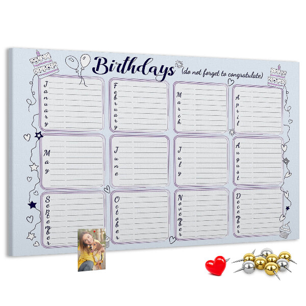 Tableau en liège Calendrier d'anniversaires avec des accents colorés