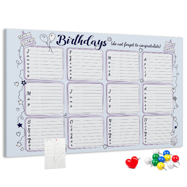 Tableau en liège Calendrier d'anniversaires avec des accents colorés