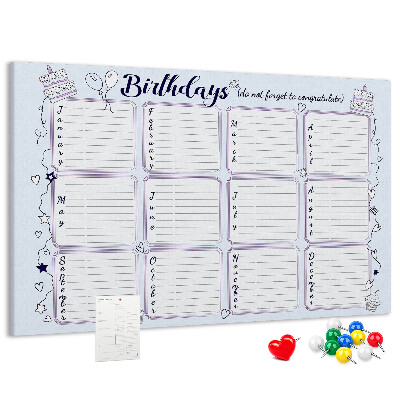 Tableau en liège Calendrier d'anniversaires avec des accents colorés