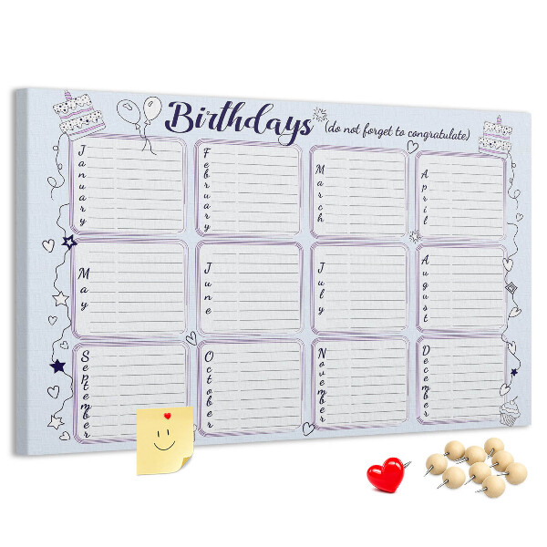 Tableau en liège Calendrier d'anniversaires avec des accents colorés