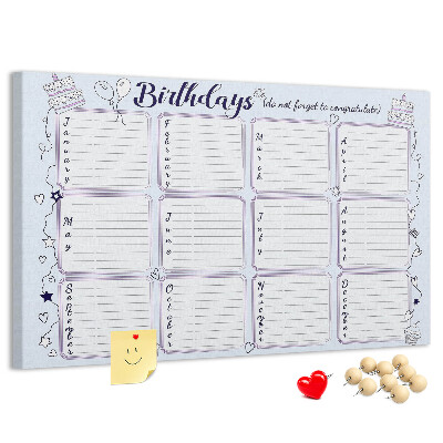 Tableau en liège Calendrier d'anniversaires avec des accents colorés