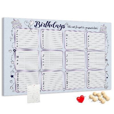 Tableau en liège Calendrier d'anniversaires avec des accents colorés