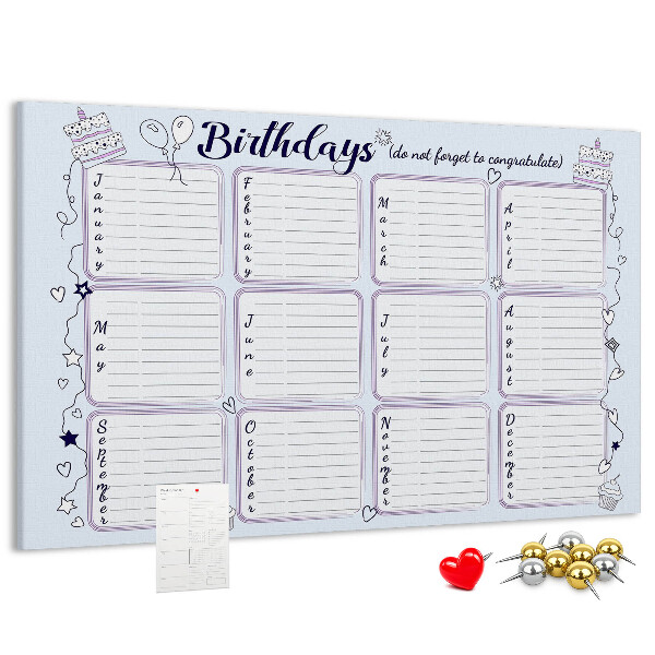 Tableau en liège Calendrier d'anniversaires avec des accents colorés