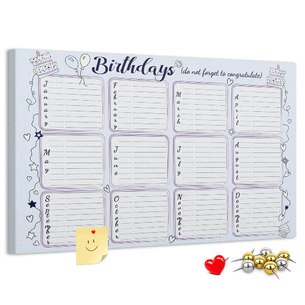 Tableau en liège Calendrier d'anniversaires avec des accents colorés