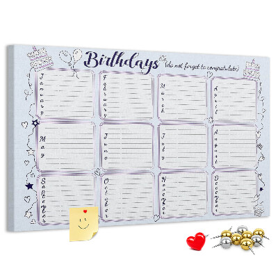 Tableau en liège Calendrier d'anniversaires avec des accents colorés