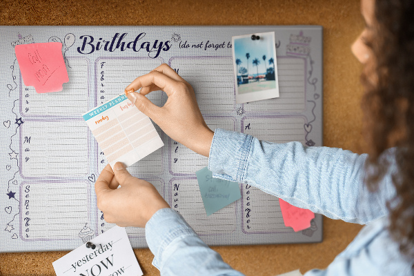 Tableau en liège Calendrier d'anniversaires avec des accents colorés