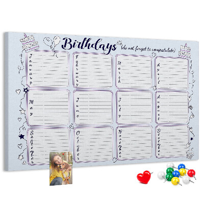 Tableau en liège Calendrier d'anniversaires avec des accents colorés