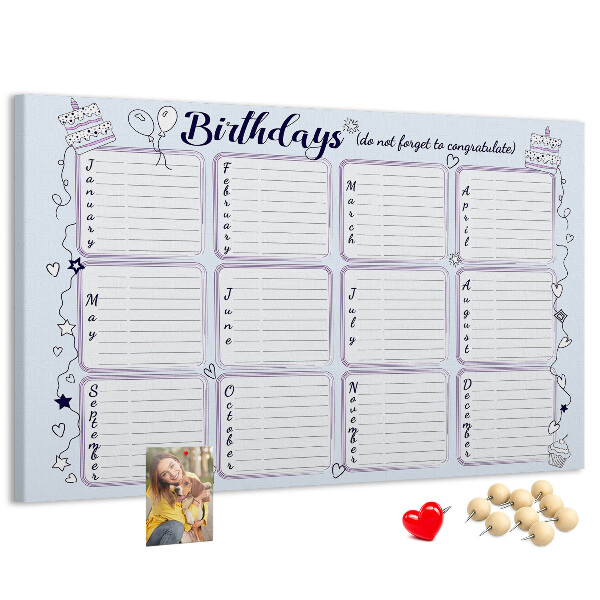 Tableau en liège Calendrier d'anniversaires avec des accents colorés