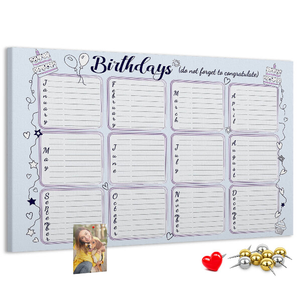 Tableau en liège Calendrier d'anniversaires avec des accents colorés