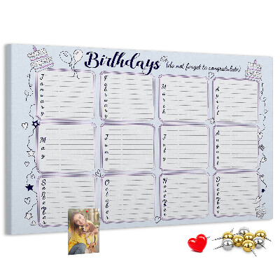 Tableau en liège Calendrier d'anniversaires avec des accents colorés