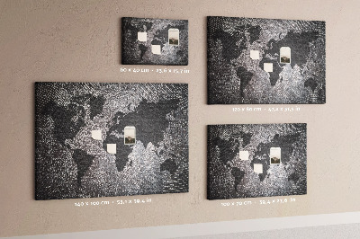 Tableau en liège Carte du monde en nuances de gris.