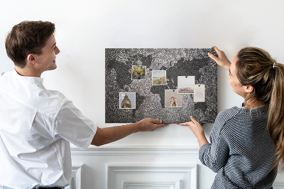 Tableau en liège Carte du monde en nuances de gris.