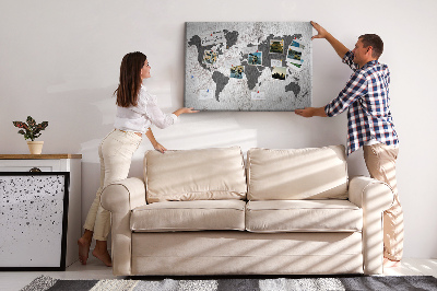 Tableau affichage liège Carte du monde élégante dans des tons de gris