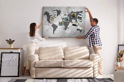 Tableau affichage liège Carte du monde élégante dans des tons de gris