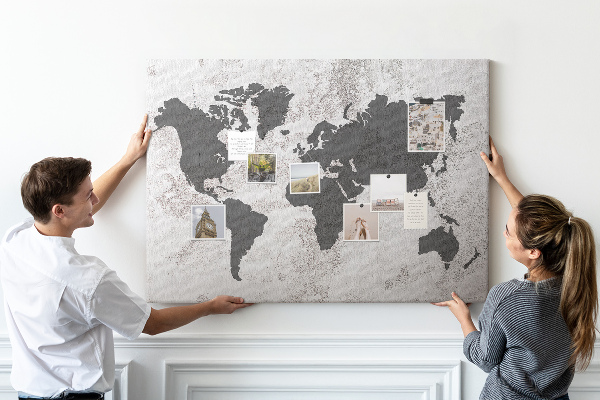 Tableau affichage liège Carte du monde élégante dans des tons de gris