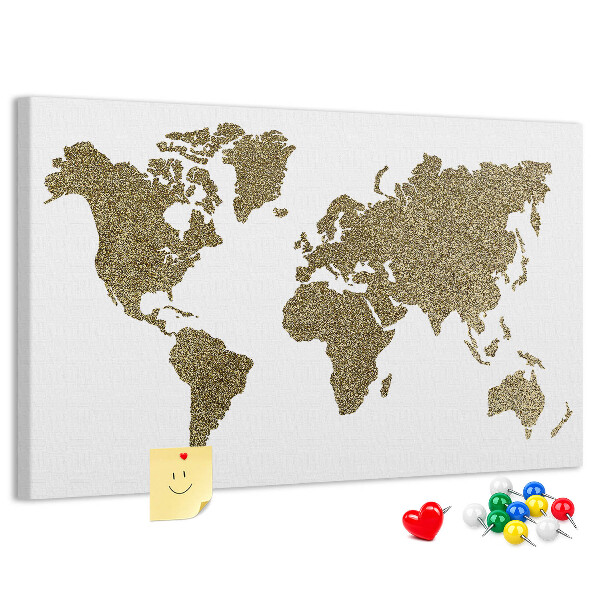 Tableau affichage liège Carte du monde dorée sur fond blanc