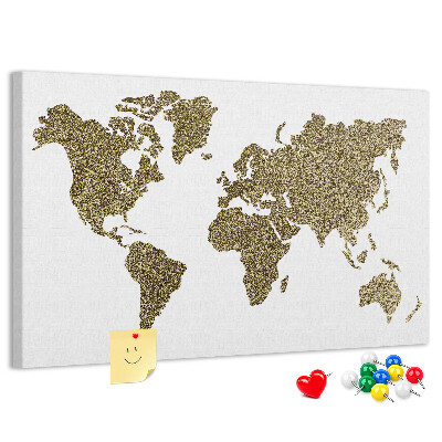 Tableau affichage liège Carte du monde dorée sur fond blanc
