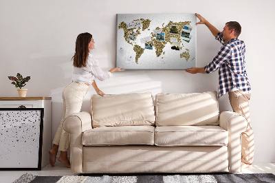 Tableau affichage liège Carte du monde dorée sur fond blanc