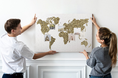 Tableau affichage liège Carte du monde dorée sur fond blanc