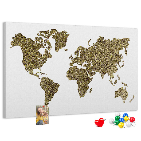 Tableau affichage liège Carte du monde dorée sur fond blanc