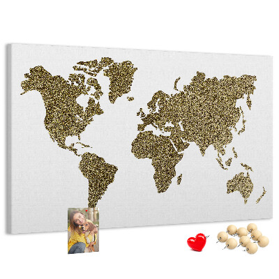 Tableau affichage liège Carte du monde dorée sur fond blanc
