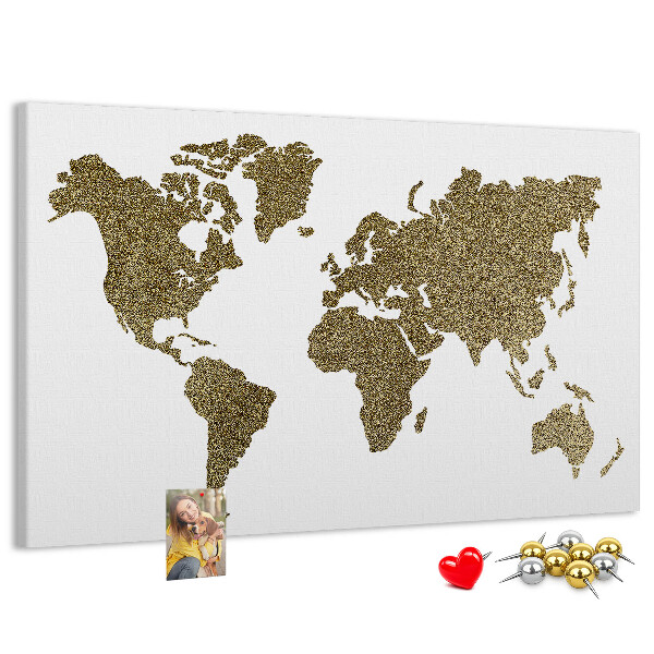 Tableau affichage liège Carte du monde dorée sur fond blanc