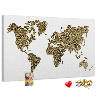 Tableau affichage liège Carte du monde dorée sur fond blanc