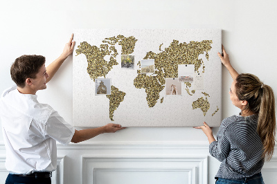 Tableau affichage liège Carte du monde dorée sur fond blanc