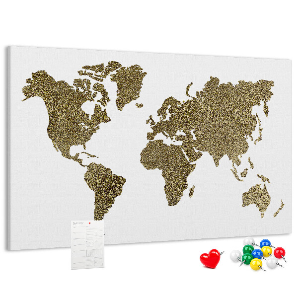 Tableau affichage liège Carte du monde dorée sur fond blanc