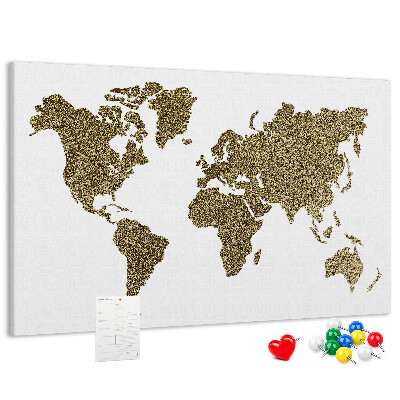 Tableau affichage liège Carte du monde dorée sur fond blanc