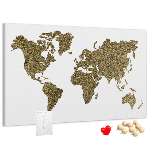 Tableau affichage liège Carte du monde dorée sur fond blanc