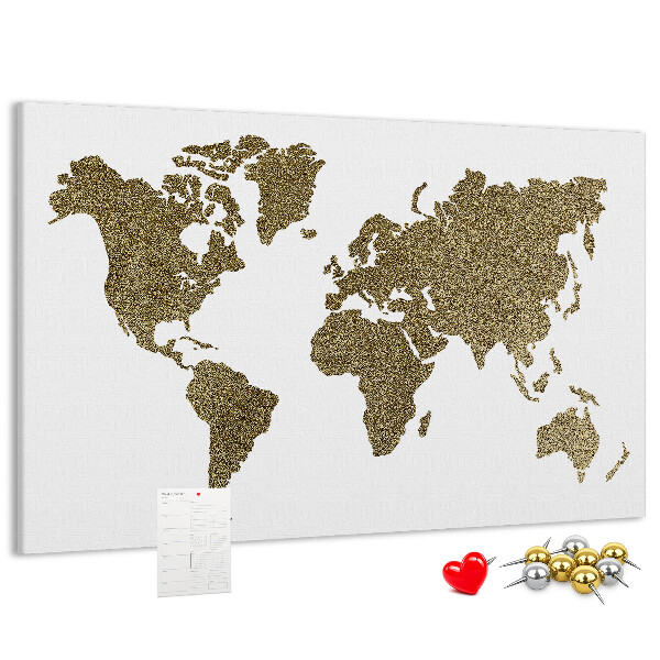 Tableau affichage liège Carte du monde dorée sur fond blanc