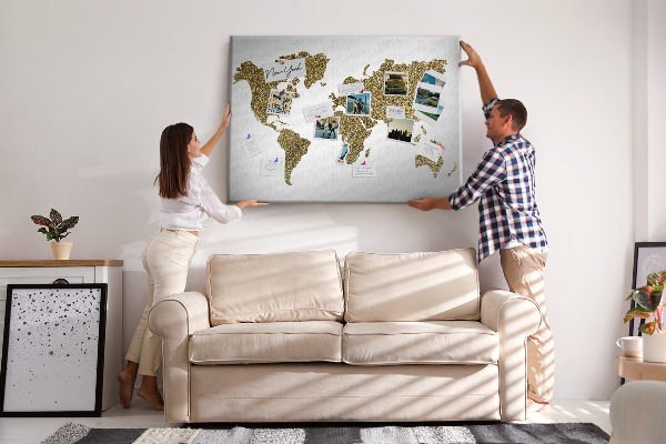 Tableau affichage liège Carte du monde dorée sur fond blanc