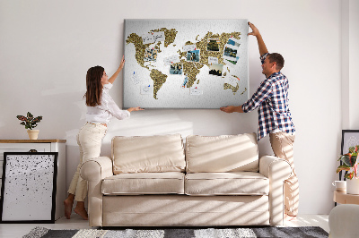 Tableau affichage liège Carte du monde dorée sur fond blanc