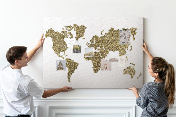Tableau affichage liège Carte du monde dorée sur fond blanc