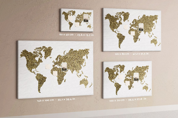 Tableau affichage liège Carte du monde dorée sur fond blanc