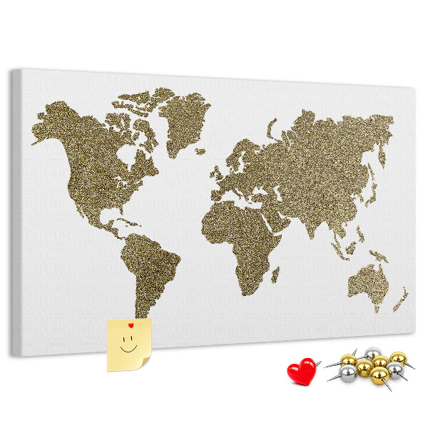 Tableau affichage liège Carte du monde dorée sur fond blanc